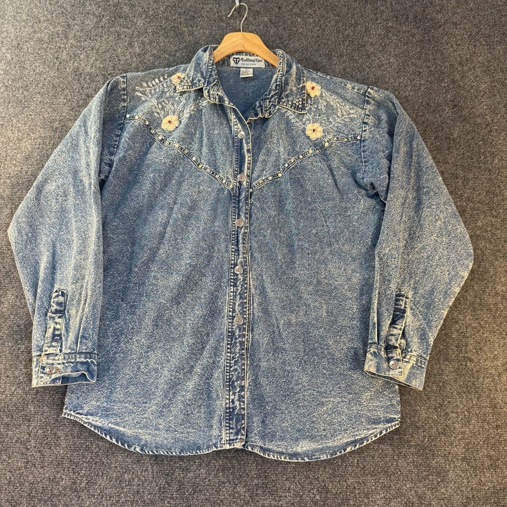 Vintage Traditional Value Denim Western Shirt Floral Studded Acid Wash‎ Womens S